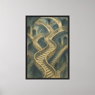 Infinite Staircase Labyrinth – Ink & Watercolor Canvas Print