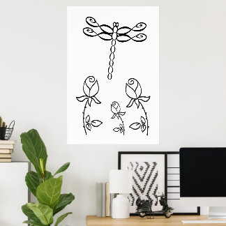 Infinity Dragonfly with Roses Black and White Poster