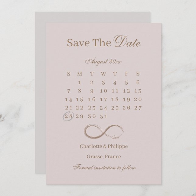 Infinity Dusty Pink Calendar Save The Date Wedding Invitation (Front/Back)