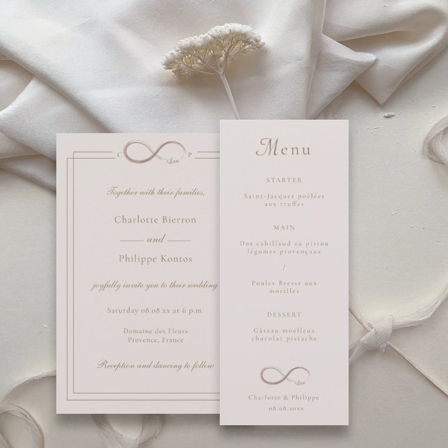 Infinity Love Light Pink Gold Wedding Dinner Menu  (Creator Uploaded)