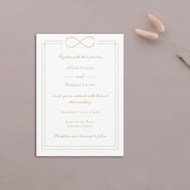 Infinity Love Monogram Gold Borders White Wedding Invitation (Creator Uploaded)