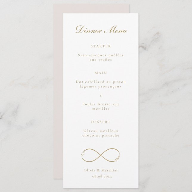 Infinity Love Monogram Gold White Wedding Dinner Menu (Front/Back)