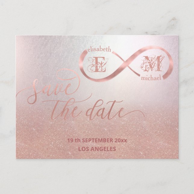 Infinity rose gold romantic monogram calligraphy a announcement postcard (Front)