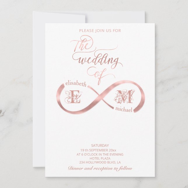 Infinity rose gold romantic monogram calligraphy invitation (Front)