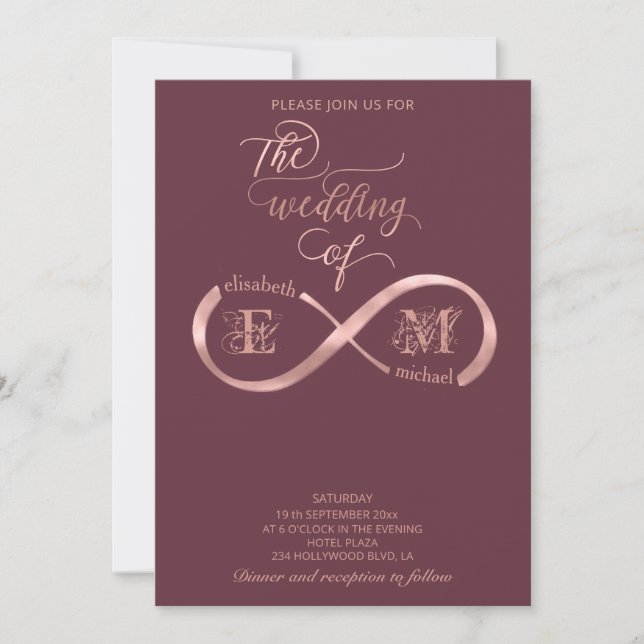 Infinity rose gold romantic monogram calligraphy invitation (Front)