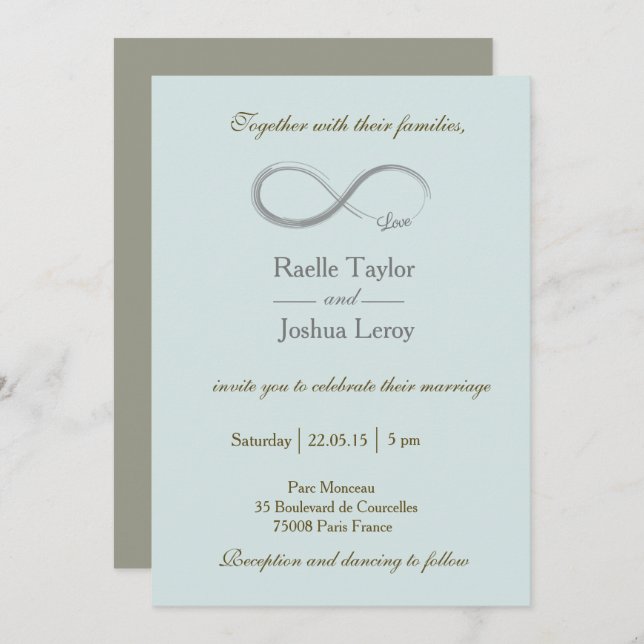 Infinity sign blue grey taupe wedding invitation (Front/Back)