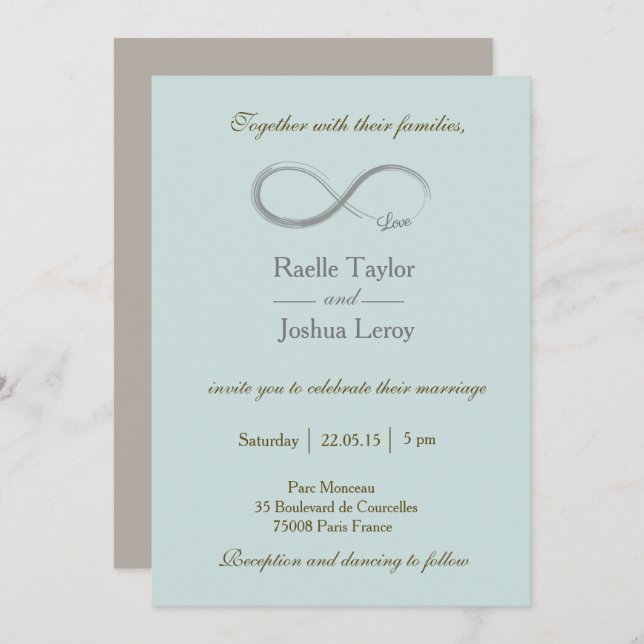 Infinity sign blue taupe grey wedding invitation (Front/Back)