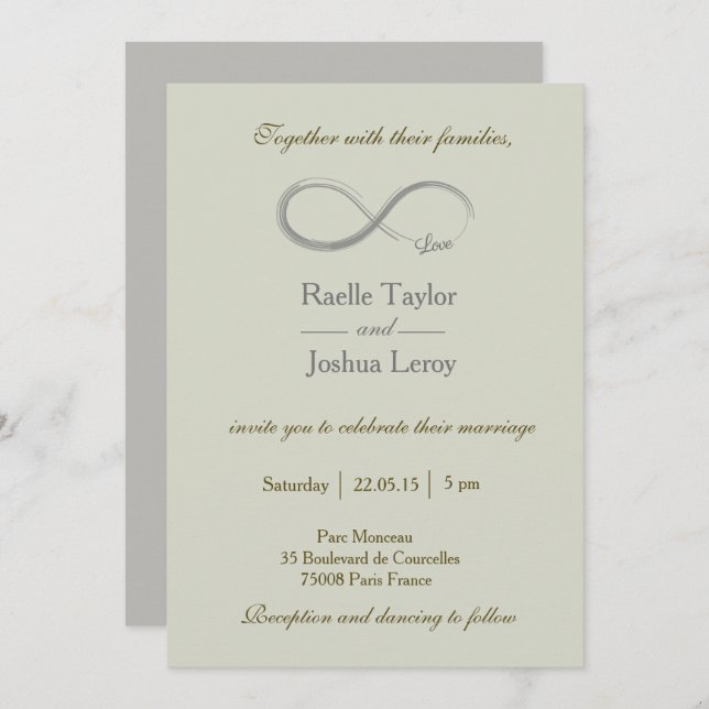 Infinity sign khaki green grey wedding invitation (Front/Back)