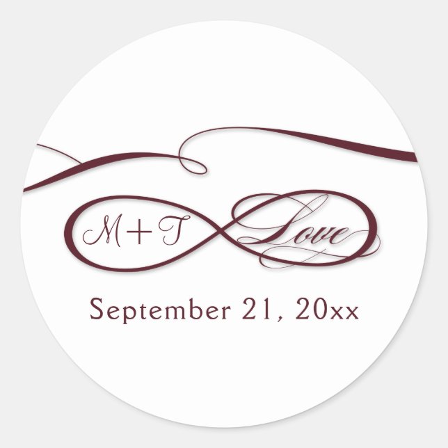 Infinity Sign Love Script Burgundy White Wedding Classic Round Sticker (Front)