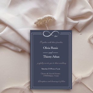 Infinity sign unique navy blue white blush wedding invitation