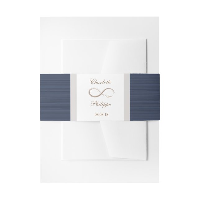 Infinity symbol blue stripes gold white Wedding In Invitation Belly Band (Front Example)