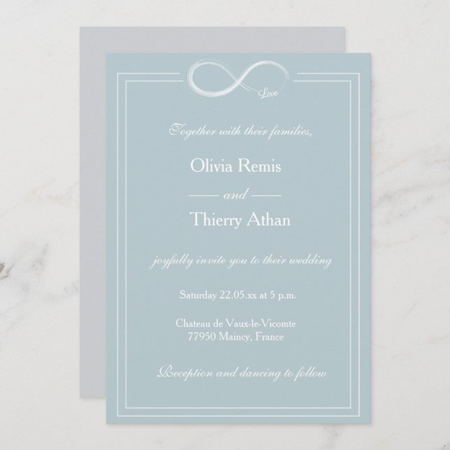 Infinity Symbol Dusty Blue White Elegant Wedding Invitation (Front/Back)