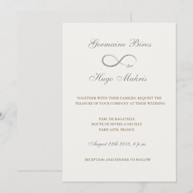Infinity symbol ivory grey gold elegant wedding invitation (Front/Back)