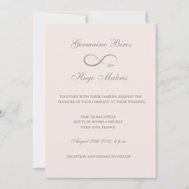 Infinity symbol pink grey gold elegant wedding invitation (Front)