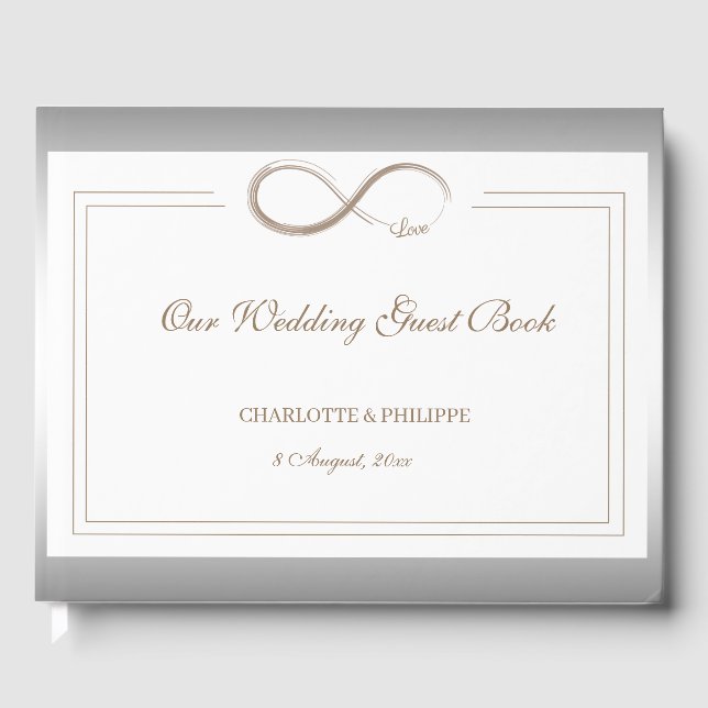 Infinity Symbol White Silver Gold Elegant Wedding Guest Book (Front)