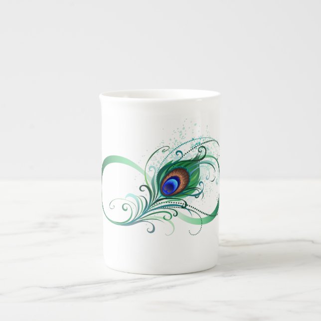 Infinity Symbol with Peacock Feather Bone China Mug (Front)