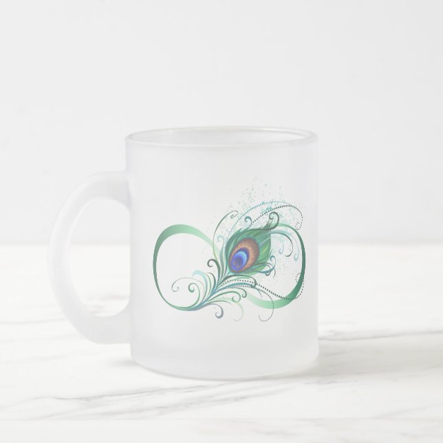 Infinity Symbol with Peacock Feather Frosted Glass Coffee Mug (Left)