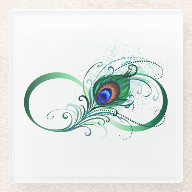 Infinity Symbol with Peacock Feather Glass Coaster (Front)