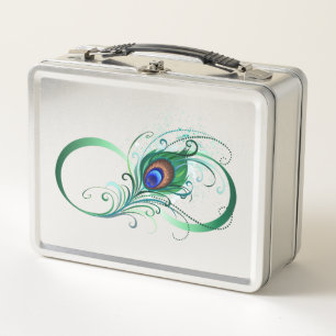 Infinity Symbol with Peacock Feather Metal Lunch Box