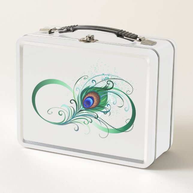 Infinity Symbol with Peacock Feather Metal Lunch Box (Front)