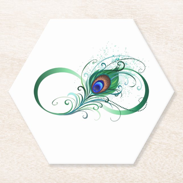Infinity Symbol with Peacock Feather Paper Coaster (Front)