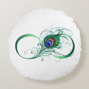 Infinity Symbol with Peacock Feather Round Cushion