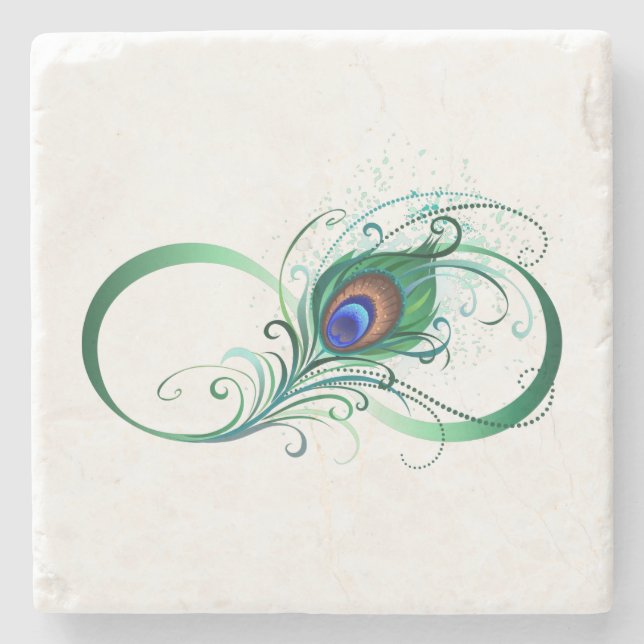Infinity Symbol with Peacock Feather Stone Coaster (Front)
