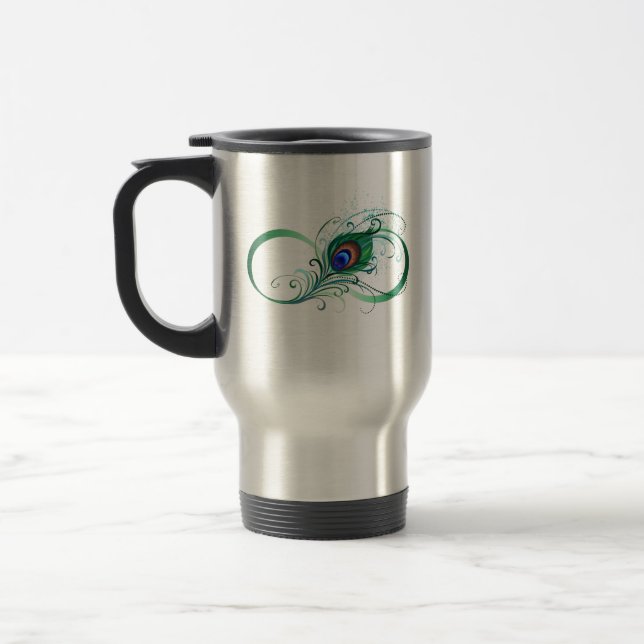 Infinity Symbol with Peacock Feather Travel Mug (Left)