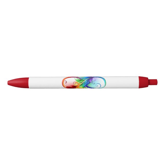 Infinity Symbol with Rainbow Feather Black Ink Pen (Front)
