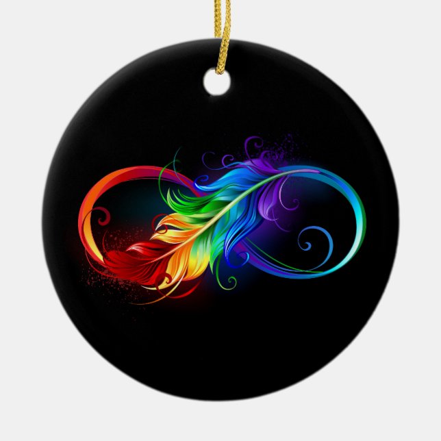 Infinity Symbol with Rainbow Feather Ceramic Tree Decoration (Front)