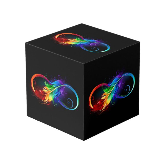 Infinity Symbol with Rainbow Feather Cube (Front Angled)