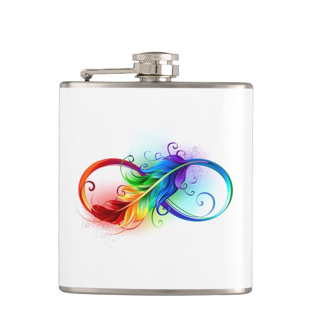 Infinity Symbol with Rainbow Feather Hip Flask (Front)