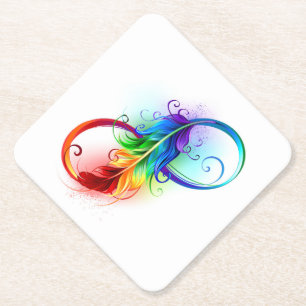 Infinity Symbol with Rainbow Feather Paper Coaster