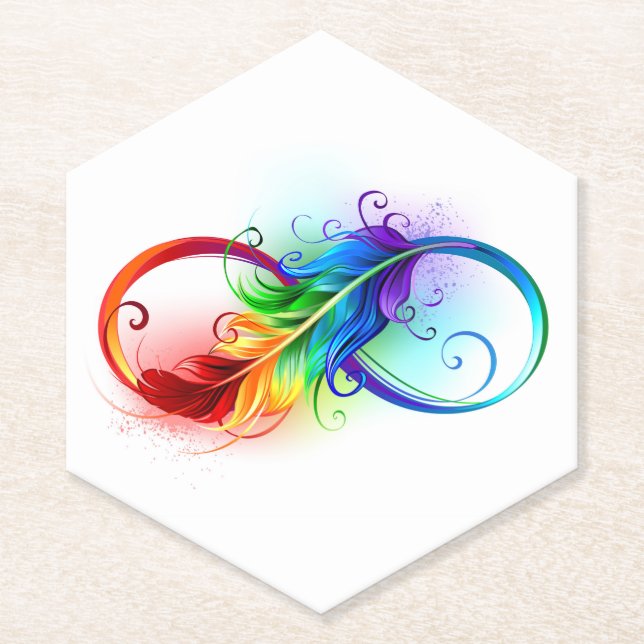 Infinity Symbol with Rainbow Feather Paper Coaster (Front)