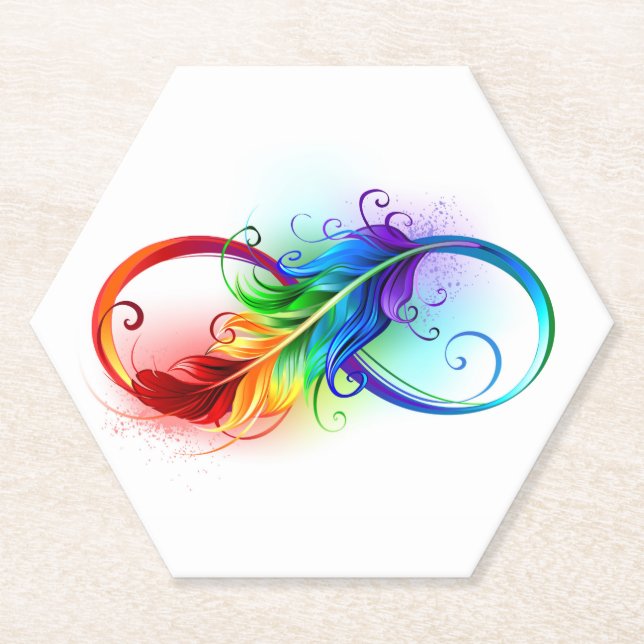Infinity Symbol with Rainbow Feather Paper Coaster (Front)