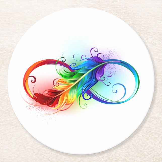 Infinity Symbol with Rainbow Feather Round Paper Coaster (Front)