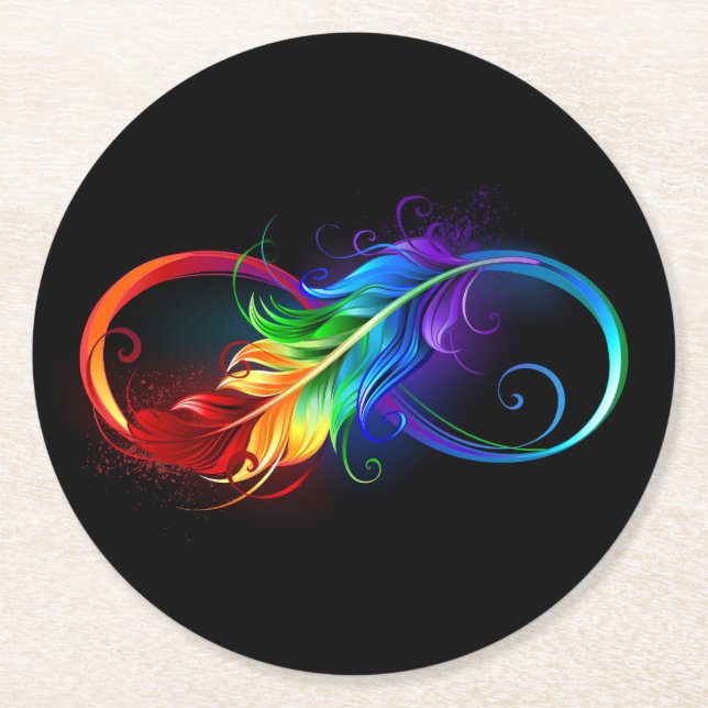 Infinity Symbol with Rainbow Feather Round Paper Coaster (Front)