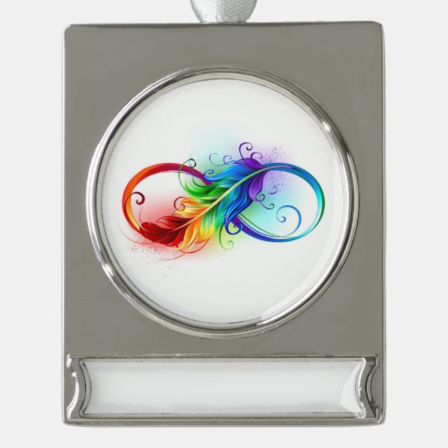 Infinity Symbol with Rainbow Feather Silver Plated Banner Ornament (Front)