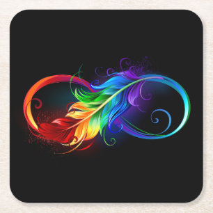 Infinity Symbol with Rainbow Feather Square Paper Coaster