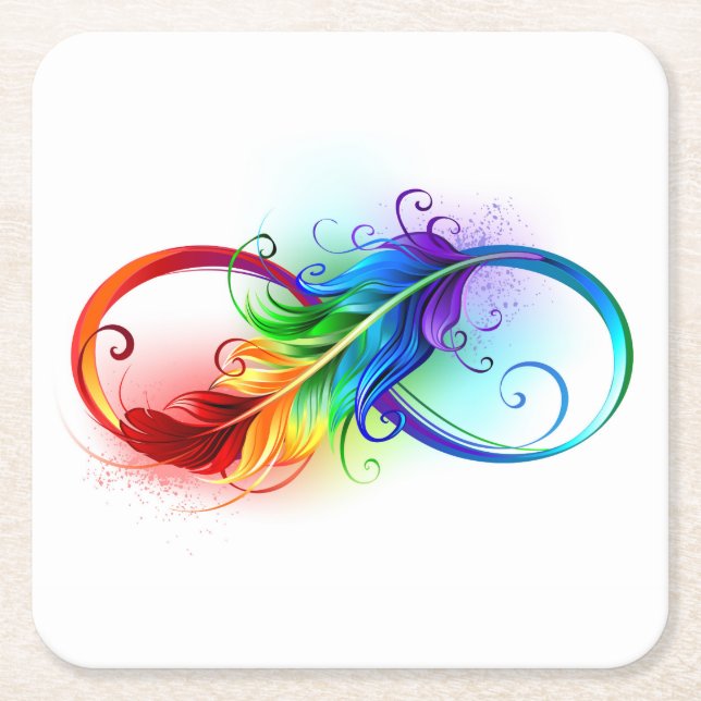 Infinity Symbol with Rainbow Feather Square Paper Coaster (Front)