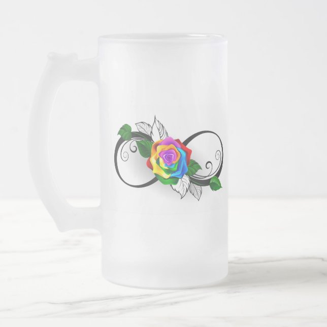 Infinity Symbol with Rainbow Rose Frosted Glass Beer Mug (Left)