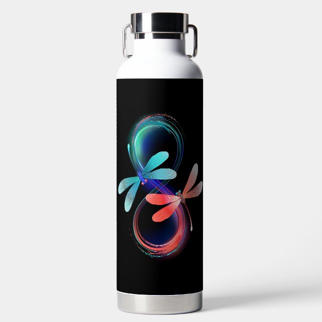 Infinity with glowing dragonflies water bottle (Front)