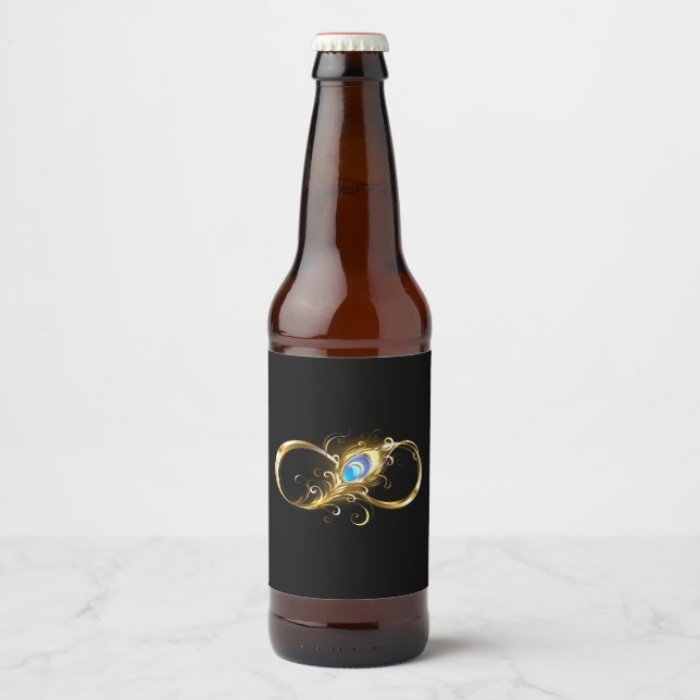 Infinity with Golden Peacock Feather Beer Bottle Label (Front)