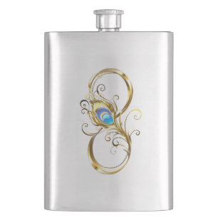 Infinity with Golden Peacock Feather Hip Flask