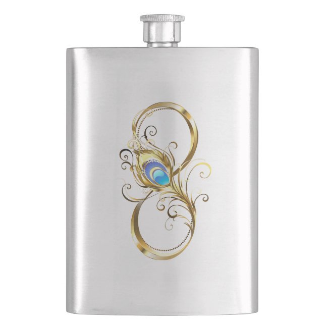 Infinity with Golden Peacock Feather Hip Flask (Front)