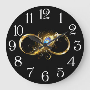 Infinity with Golden Peacock Feather Large Clock