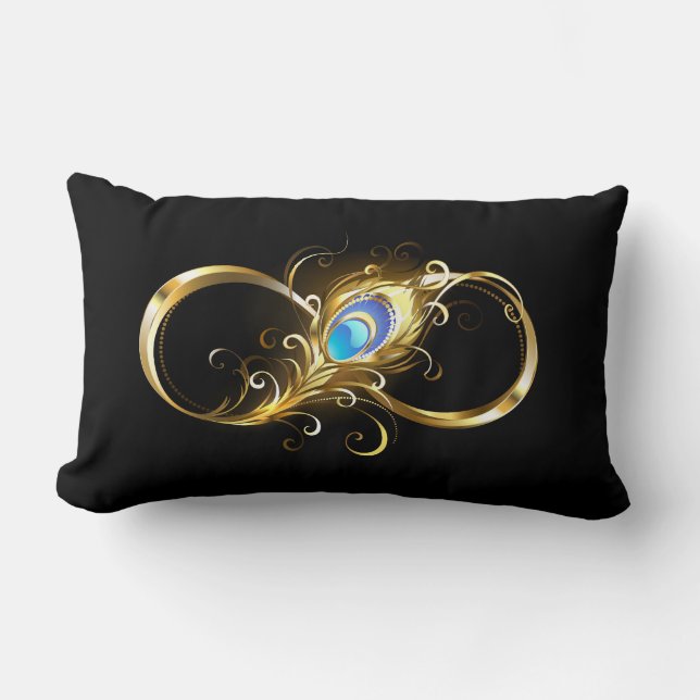 Infinity with Golden Peacock Feather Lumbar Cushion (Front)