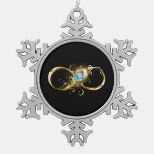 Infinity with Golden Peacock Feather Snowflake Pewter Christmas Ornament