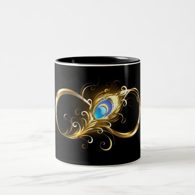 Infinity with Golden Peacock Feather Two-Tone Coffee Mug (Center)