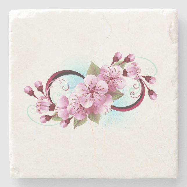 Infinity with Sakura Blossom Flowers Stone Coaster (Front)